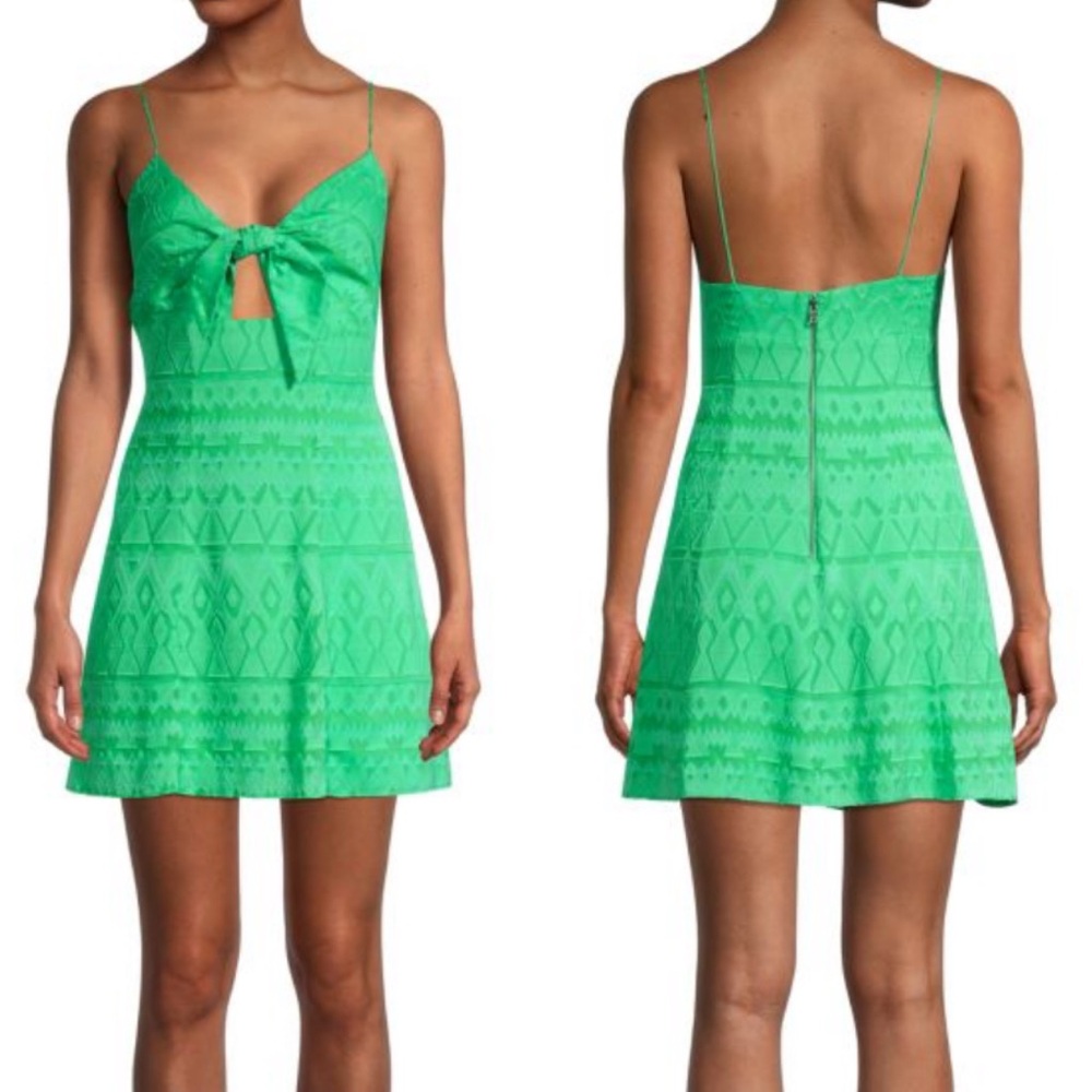 ALICE + OLIVIA Roe Tie-Front Flare Dress Green Keyhole Mini‎ Geometric Silk Sm 4